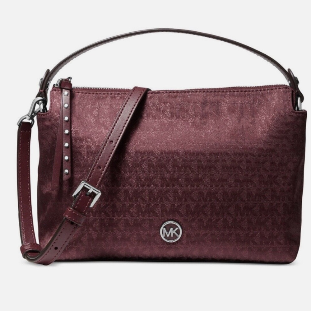 MICHAEL KORS Signature Shailene Messenger Bag Merlot Silver Red AUTHENTIC NWT